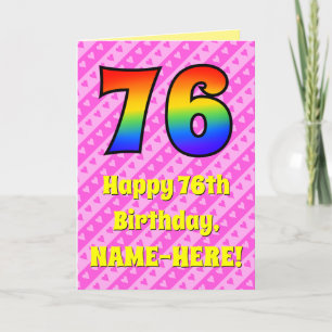 76. Geburtstag: Rosa Streifen & Herz, Regenbogen # Karte