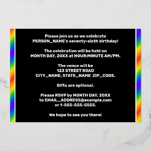 76. Geburtstagsparty — Spaß, Regenbogenspektrum "7 Folieneinladung (Rückseite)