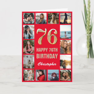 76. Happy Geburtstag Rot und Gold Foto Collage Karte
