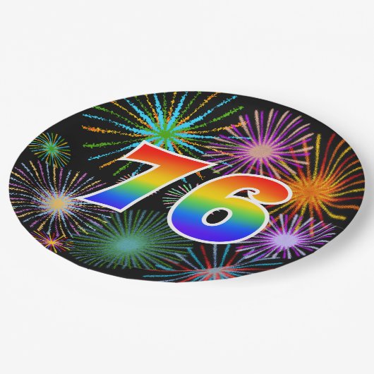 76. Veranstaltung - Spaß, farbenfroh, kühl, Regenb Pappteller (Schrägansicht)