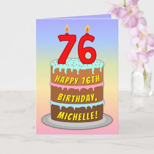 76th Birthday — Fun Cake & Candles, w/ Custom Name Karte (Orchidee)