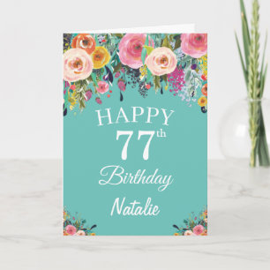77. Geburtstag Aquarell Blumen Teal Karte