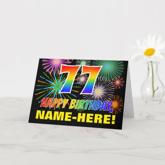 77. Geburtstag: Bold, Fun, Fireworks, Rainbow 77 Karte (Kleine Pflanze)