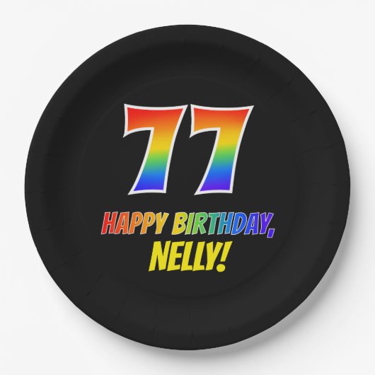 77. Geburtstag: Bold, Fun, Simple, Rainbow 77 Pappteller (Vorderseite)