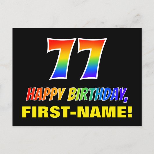 77. Geburtstag: Bold, Fun, Simple, Rainbow 77 Postkarte (Vorderseite)