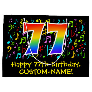 77. Geburtstag - Farbige Musiksymbole, Regenbogen  Große Geschenktüte