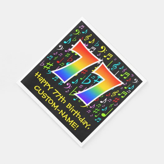77. Geburtstag - Farbige Musiksymbole, Regenbogen Serviette (Ecke)