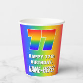 77. Geburtstag: Farbiges, lustiges Regenbogenmuste Pappbecher (Rückseite)