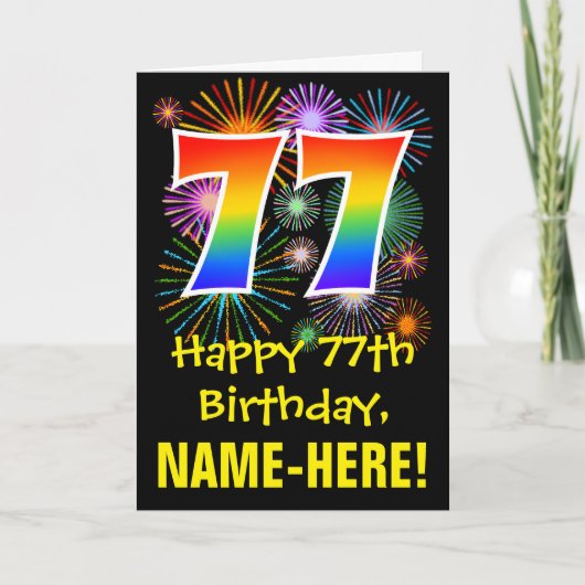 77. Geburtstag: Fun Fireworks Pattern + Rainbow 77 Karte (Vorderseite)