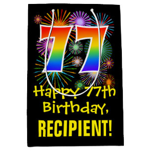 77. Geburtstag: Fun Fireworks Pattern + Rainbow 77 Mittlere Geschenktüte