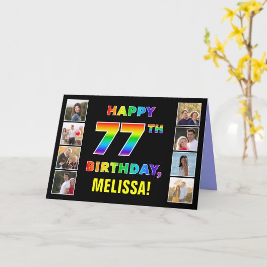 77. Geburtstag: Regenbogentext, benutzerdefinierte Karte (Gelbe Blume)