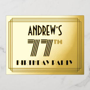 77. Geburtstagsfeier ~ Art Deco Stil „77“ + Name Folie Einladungspostkarte