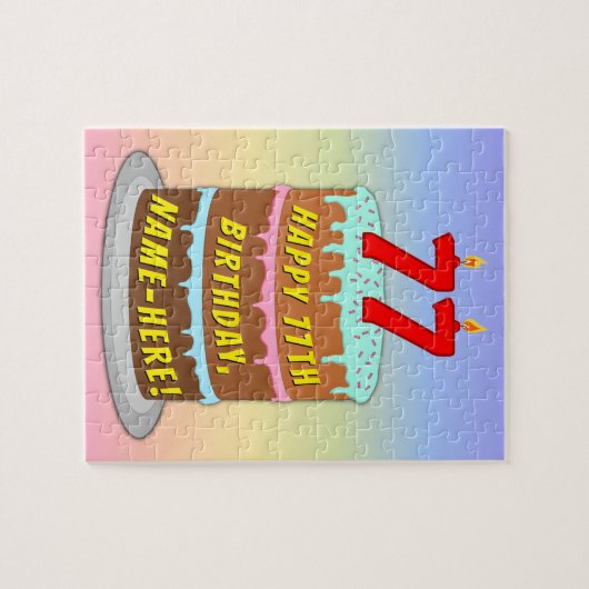 77th Birthday: Fun Cake and Candles + Custom Name Puzzle (Horizontal)