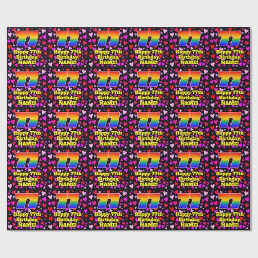 77th Birthday: Loving Hearts Pattern, Rainbow # 77 Geschenkpapier (Flach)