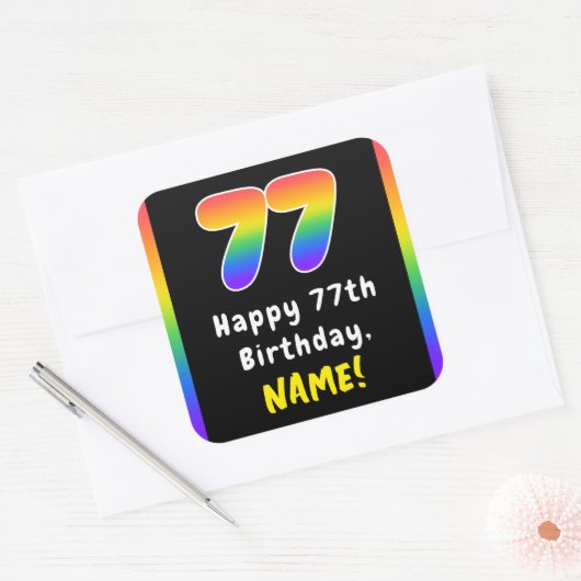 77th Birthday: Rainbow Spectrum # 77, Custom Name Quadratischer Aufkleber (Umschlag)