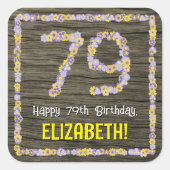 79. Geburtstag: Blumennummer, Imitate Holzbild, Na Quadratischer Aufkleber (Vorderseite)