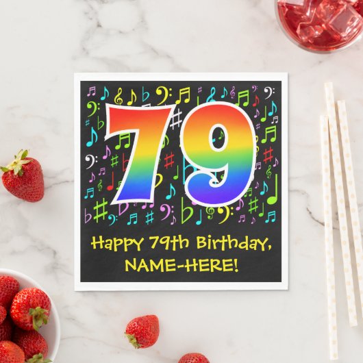 79. Geburtstag - Farbige Musiksymbole, Regenbogen Serviette (Beispiel)