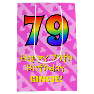 79. Geburtstag: Fun Pink Hearts Streifen; Regenbog Mittlere Geschenktüte