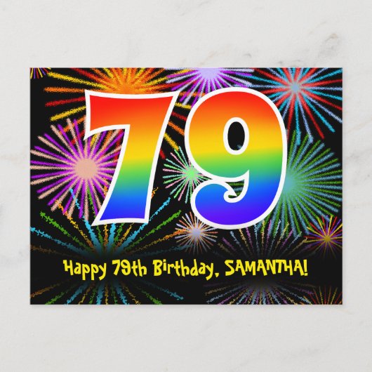 79. Geburtstag – Lustiges Feuerwerk Muster + Regen Postkarte (Vorderseite)
