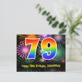 79. Geburtstag – Lustiges Feuerwerk Muster + Regen Postkarte (Stehend Vorderseite)
