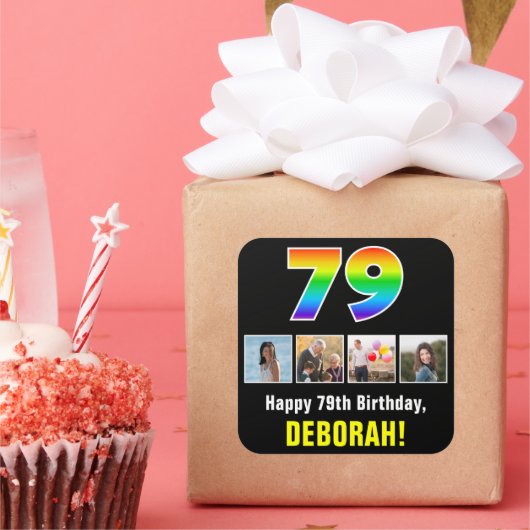 79. Geburtstag: Regenbogen "79"; benutzerdefiniert Quadratischer Aufkleber (Party)