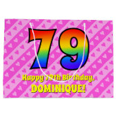 79. Geburtstag: Rosa Streifen & Herz, Regenbogen # Große Geschenktüte (Rückseite)