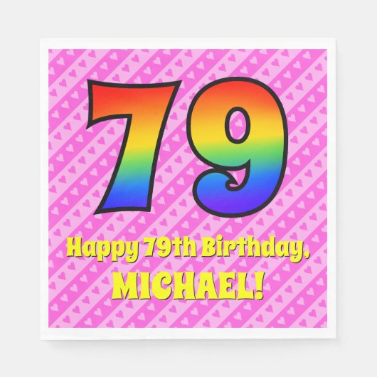 79. Geburtstag: Rosa Streifen & Herz, Regenbogen # Serviette (Vorderseite)