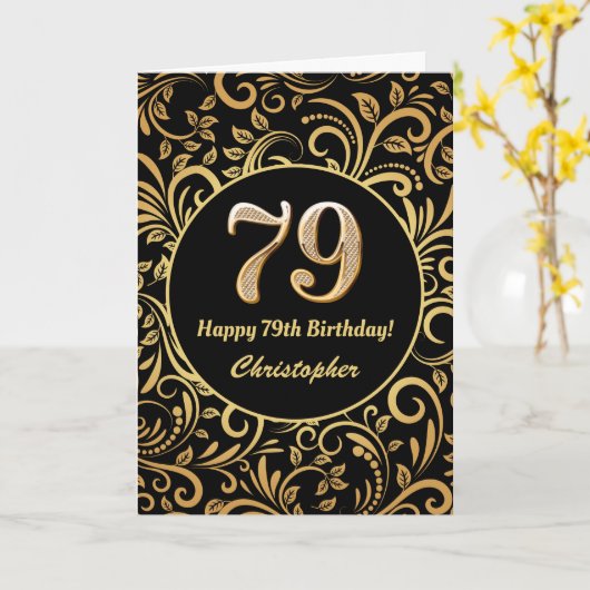 79. Geburtstag Schwarz-Gold-Blütenmuster Karte (Gelbe Blume)