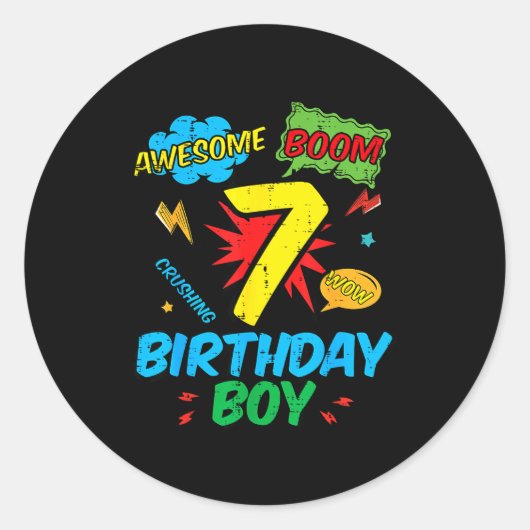 7 Birthday Boy Comic Cool 7th Bday Superhero Party Runder Aufkleber (Vorderseite)