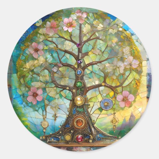 7 Chakra Blütenbaum Runder Aufkleber (Vorderseite)