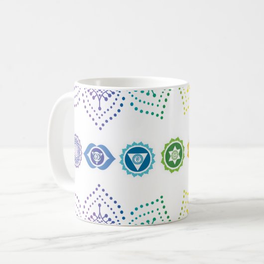 7 Chakra farbig dottiert Kaffeetasse (Vorderseite Links)