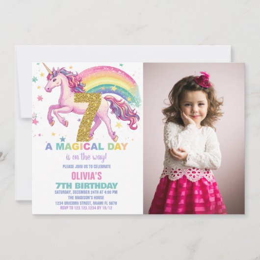 7. Einhorn Geburtstag Einladung mit Bild (Vorderseite)