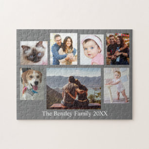 7 Familienfotos, DIY Name & Jahr, Grau Puzzle