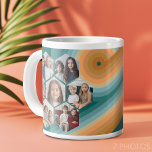 7 Foto Collage funkionierte Hexagon Muster Sonnenu Jumbo-Tasse<br><div class="desc">Quadratische Foto funktionieren am besten mit dieser Vorlage. Diese lustige Foto-Montage beinhaltet einen Platz für 7 Bilder. Das Raster besteht aus sechseckigen Fotos mit viel Platz, um Ihre Lieblings-Party-Bilder hinzuzufügen. Die Retro Stripe Linie Kunst in Sonnenuntergangsfarben verleiht dem Design ein wenig Lustigkeit. Quadratische Foto funktionieren am besten mit dieser Vorlage....</div>