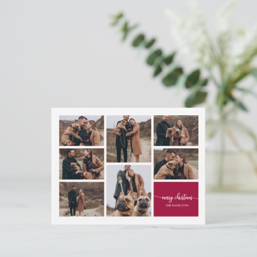 7 Fotos Collage Elegante Script Frohe Weihnachten Postkarte (Stehend Vorderseite)