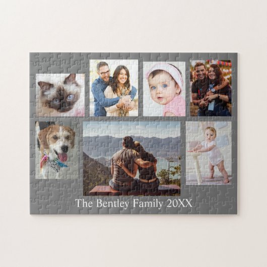 7 Fotos der Familie, Name & Jahr der DIY, grau Puzzle (Horizontal)
