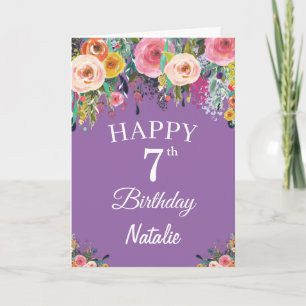 7. Geburtstag Aquarell Blumen Lila Karte