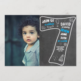 7. Geburtstag Boy Chalkboard mit Foto Blue Number Einladung