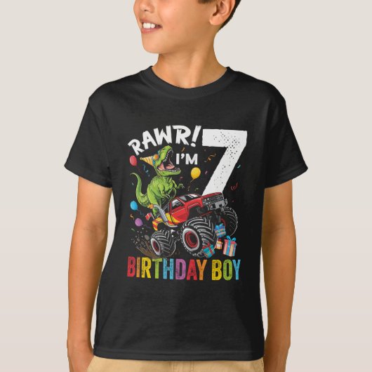 7. Geburtstag Boy Dinosaurier Monster Truck T-Shirt (Vorderseite)