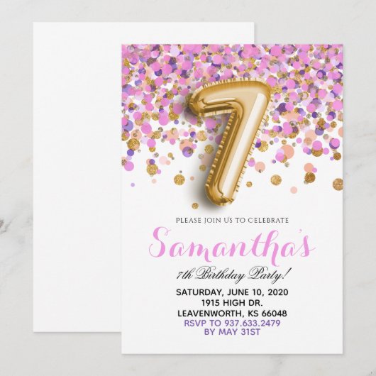 7. Geburtstag Confetti Einladung (Vorne/Hinten)