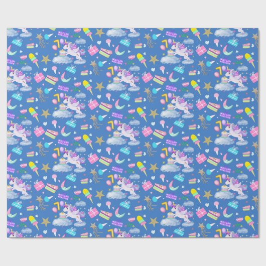 7. Geburtstag Einhorn Muster Blau Geschenkpapier (Flach)