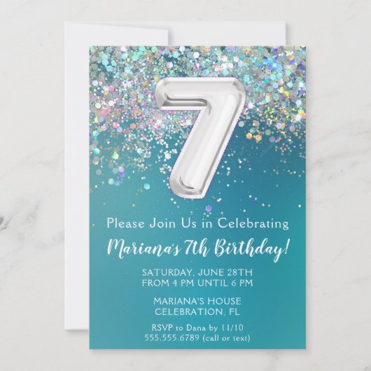 7. Geburtstag Einladung Aquamarin Silber Glitzer (Vorderseite)