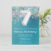 7. Geburtstag Einladung Aquamarin Silber Glitzer (Stehend Vorderseite)