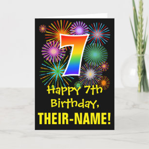 7. Geburtstag: Fun Fireworks Pattern + Regenbogen  Karte