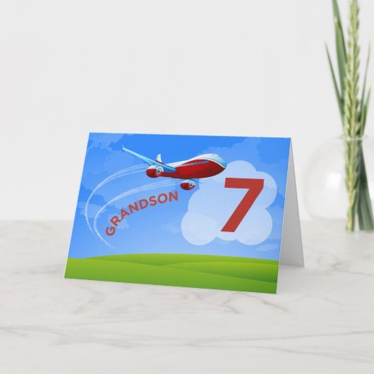 7. Geburtstag, Grandson, Rotes Flugzeug Karte (Vorderseite)