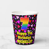 7. Geburtstag: Liebes Herz Muster, Regenbogen 7 Pappbecher (Rückseite)