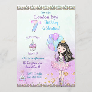 7. Geburtstag Mädchen Prinzessin Cupcake Ballons Einladung