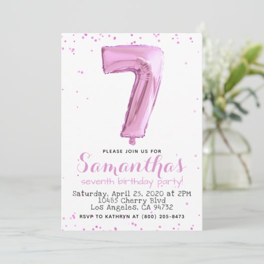 7. Geburtstag Pastel Pink Ballon Einladung (Stehend Vorderseite)