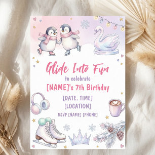 7. Geburtstag Pastell Eislaufparty Süßer Pinguin Einladung