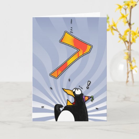 7. Geburtstag - Pinguin-Überraschung Karte (Gelbe Blume)